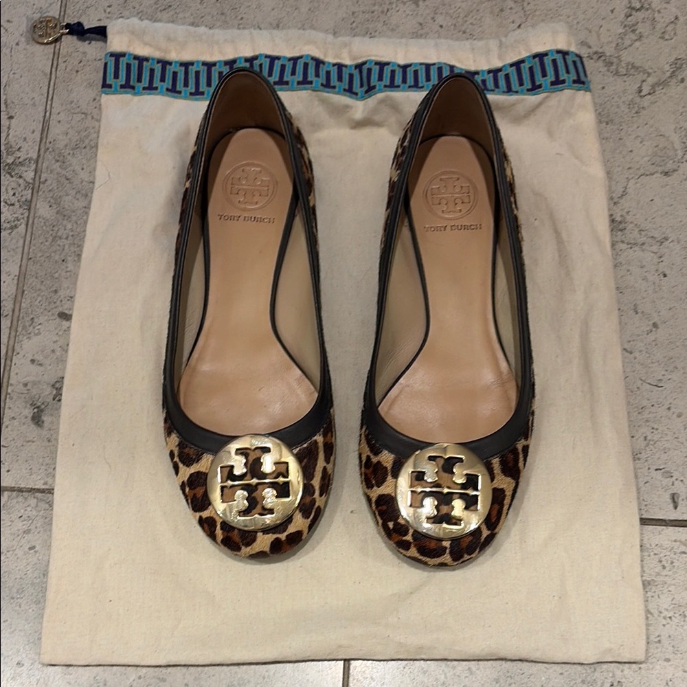 Tory Burch Leopard Print Reva Ballet Flats with Gold Logo